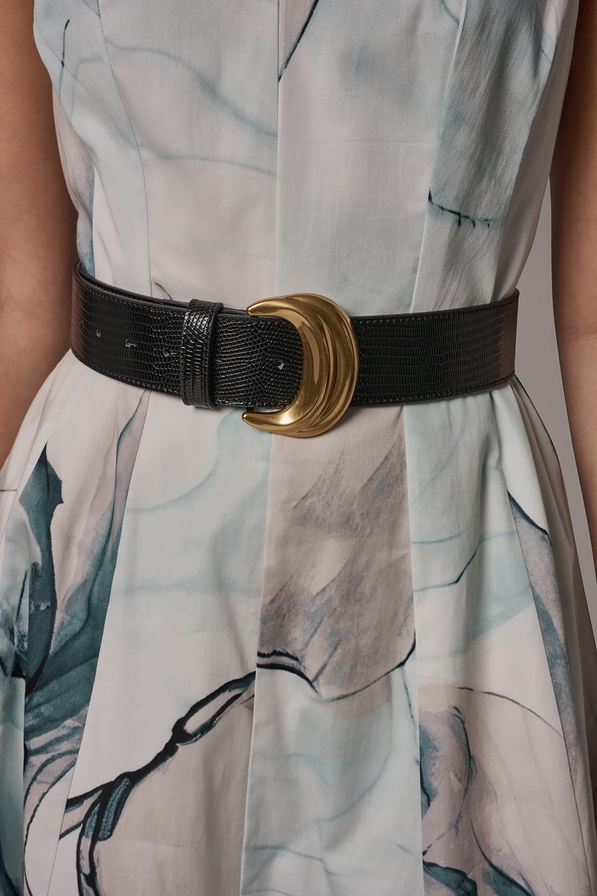 STRETCH-COTTON PRINTED MIDI FIT AND FLARE DRESS