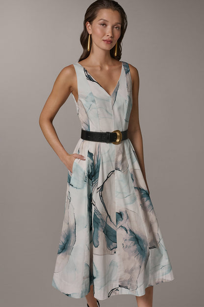 STRETCH-COTTON PRINTED MIDI FIT AND FLARE DRESS