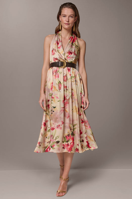 CHARMEUSE FLORAL WRAP-EFFECT MIDI HALTER DRESS