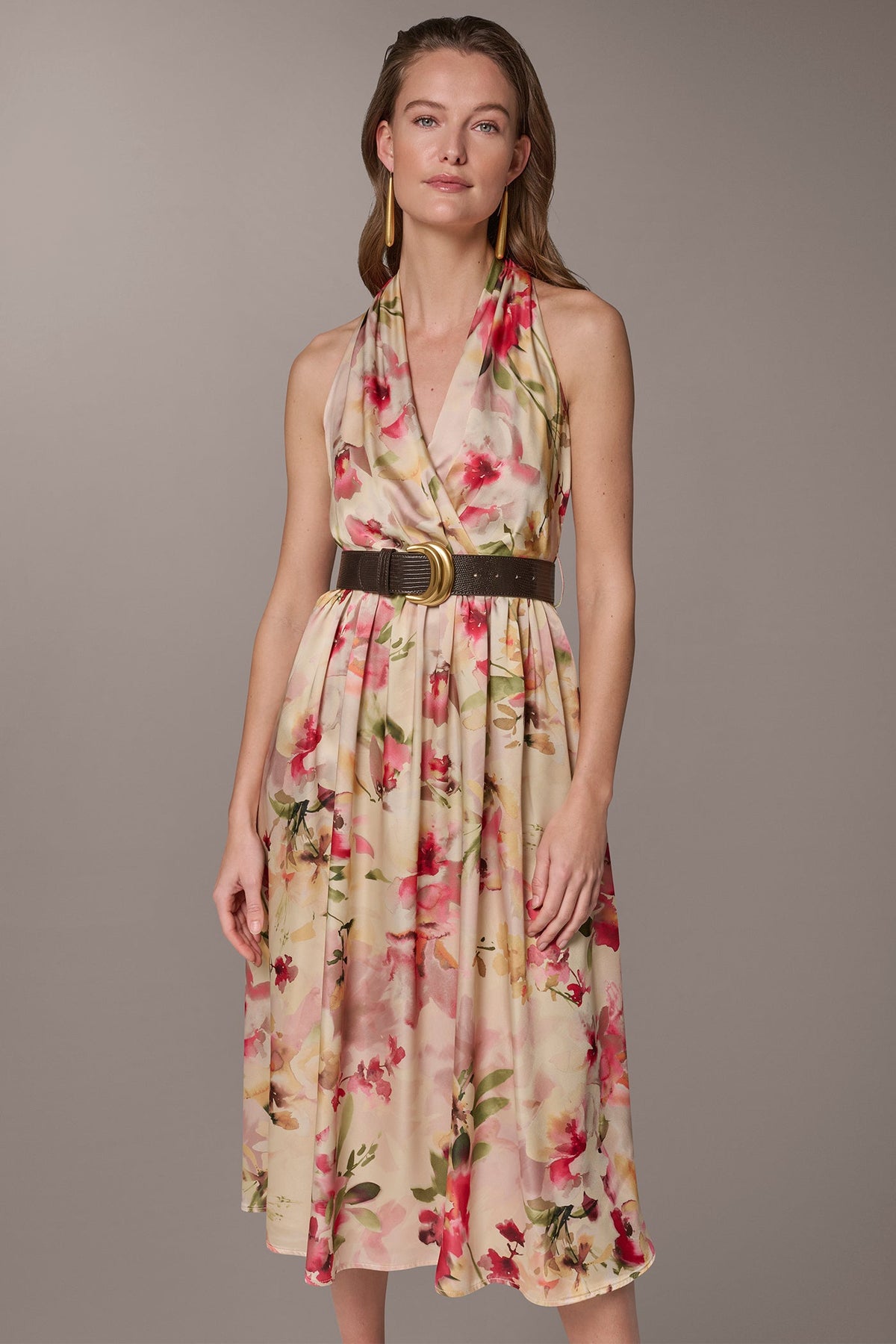 CHARMEUSE FLORAL WRAP-EFFECT MIDI HALTER DRESS