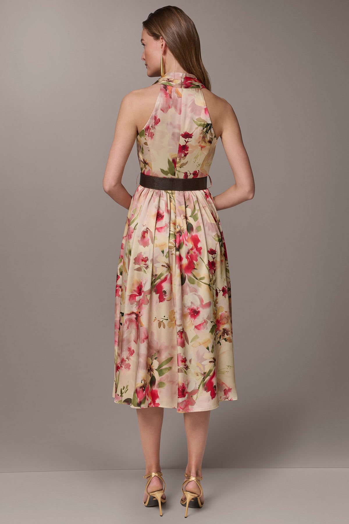 CHARMEUSE FLORAL WRAP-EFFECT MIDI HALTER DRESS