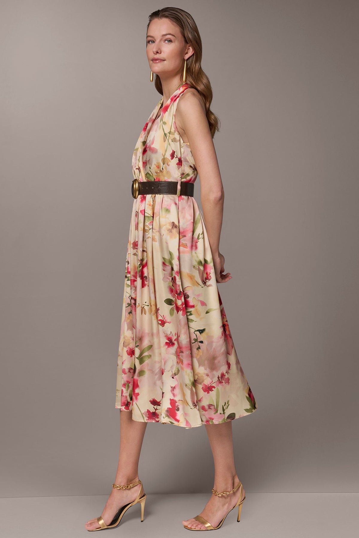 CHARMEUSE FLORAL WRAP-EFFECT MIDI HALTER DRESS