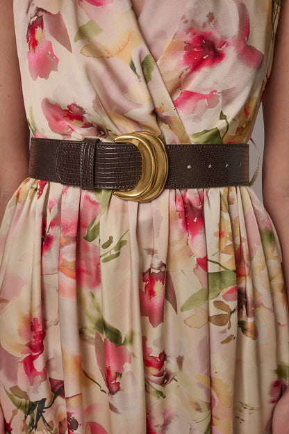 CHARMEUSE FLORAL WRAP-EFFECT MIDI HALTER DRESS