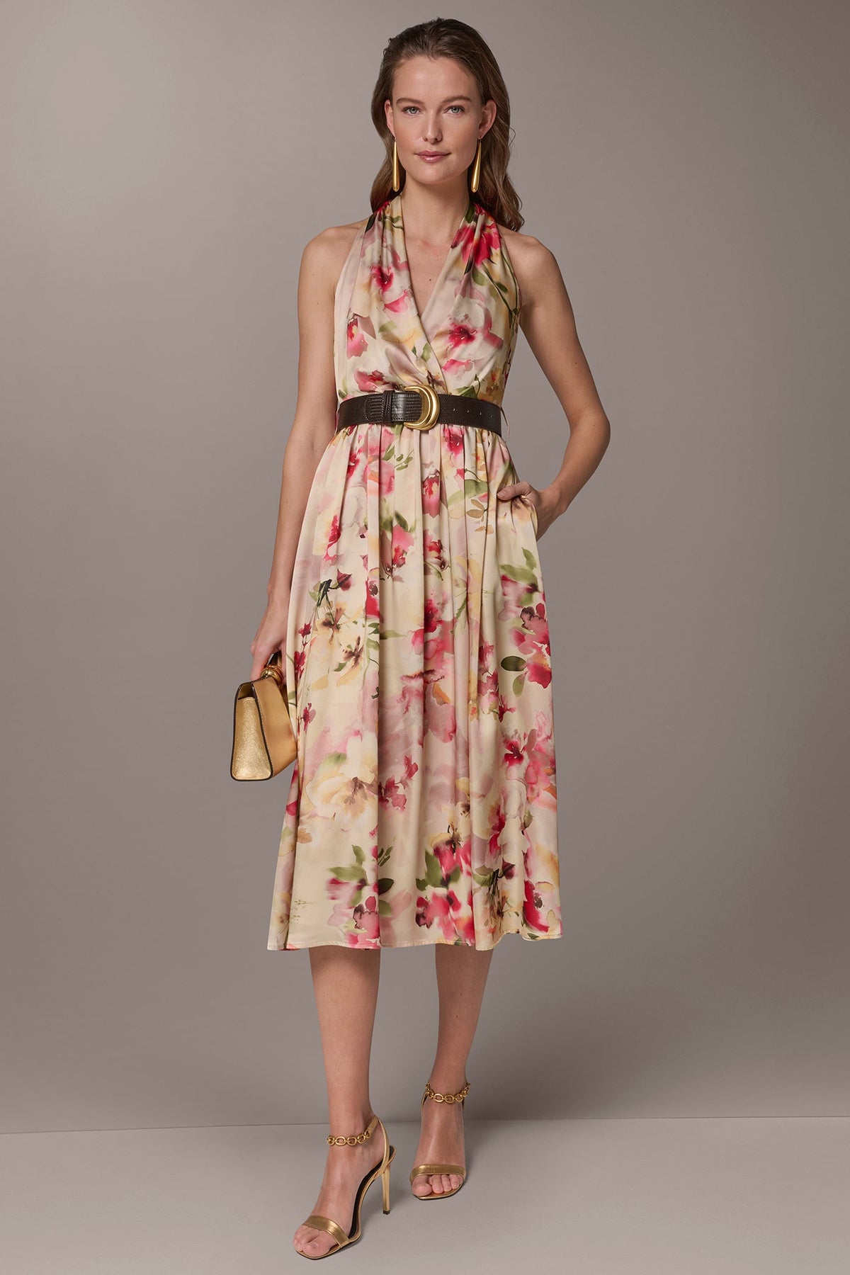 CHARMEUSE FLORAL WRAP-EFFECT MIDI HALTER DRESS