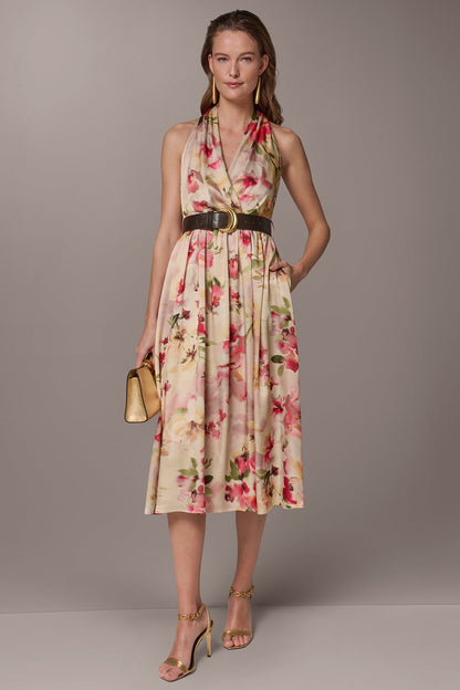 CHARMEUSE FLORAL WRAP-EFFECT MIDI HALTER DRESS