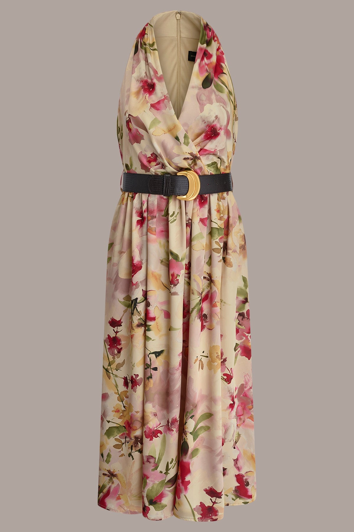 CHARMEUSE FLORAL WRAP-EFFECT MIDI HALTER DRESS