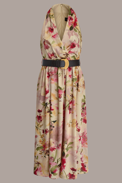 CHARMEUSE FLORAL WRAP-EFFECT MIDI HALTER DRESS