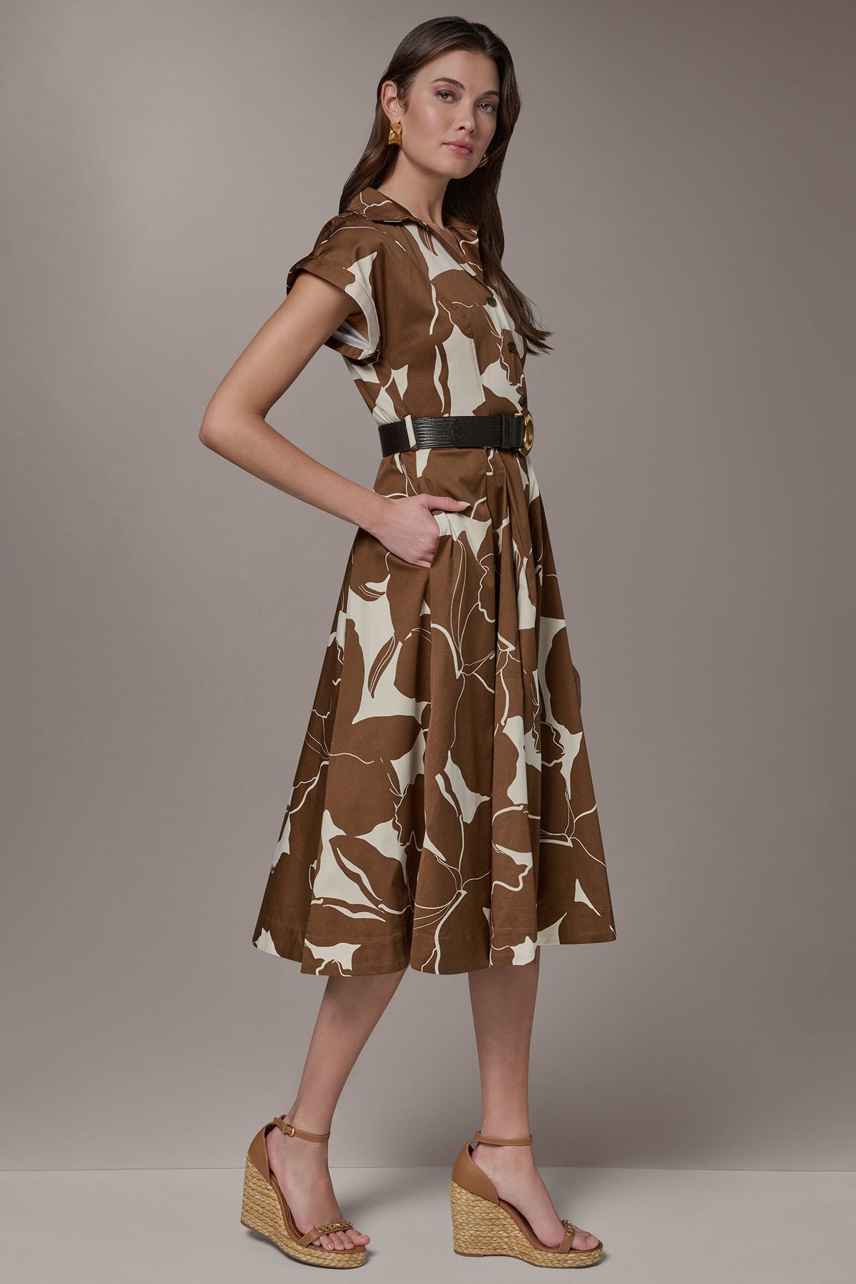 COTTON-SATEEN FLORAL MIDI SHIRT DRESS