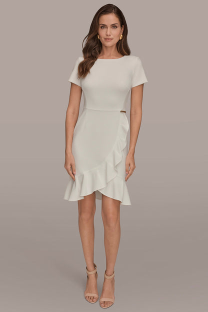 SHORT SLEEVE RUFFLE SHEATH DRESS
