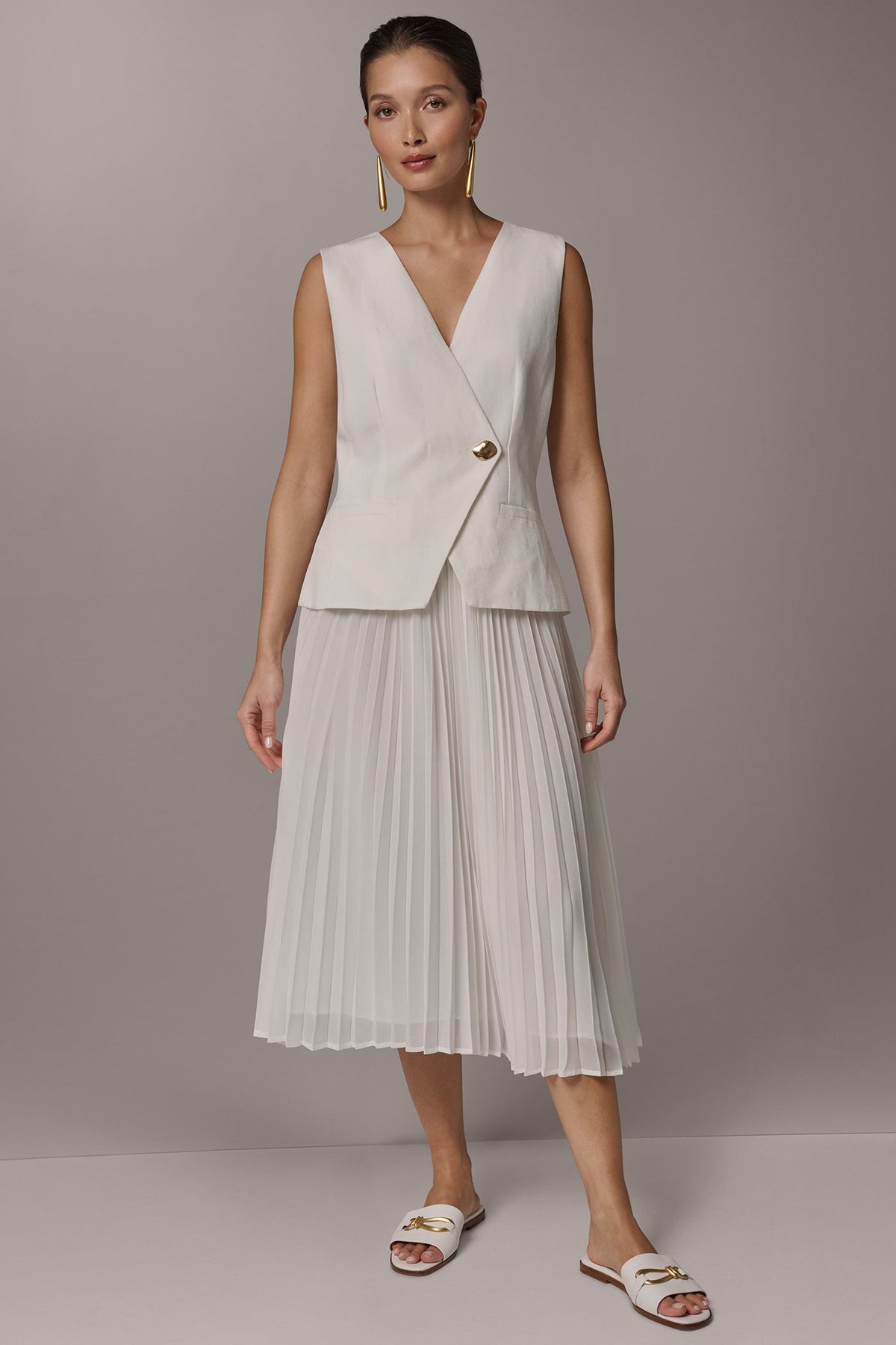 LINEN-BLEND MIXED MEDIA MIDI FIT AND FLARE DRESS