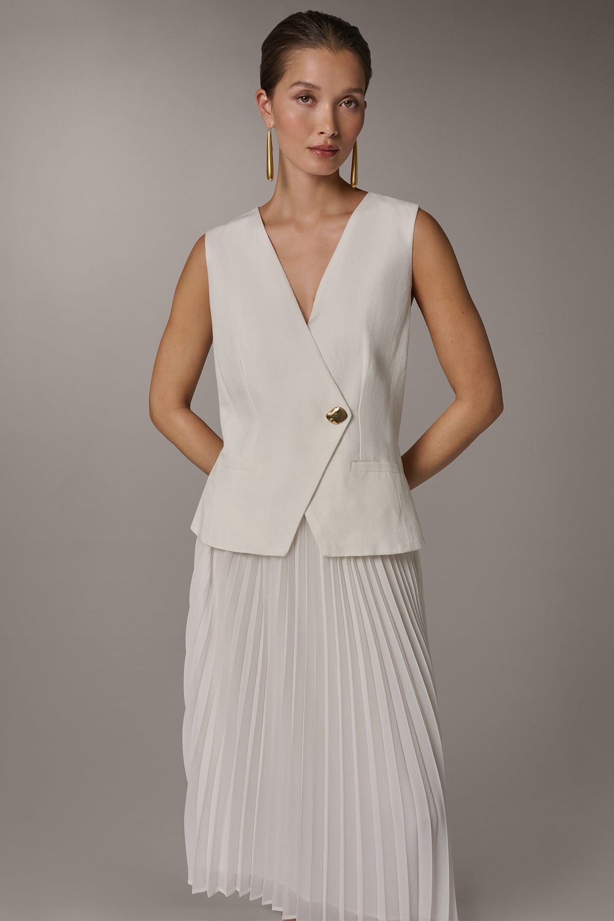 LINEN-BLEND MIXED MEDIA MIDI FIT AND FLARE DRESS