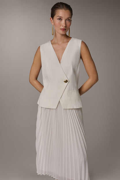 LINEN-BLEND MIXED MEDIA MIDI FIT AND FLARE DRESS