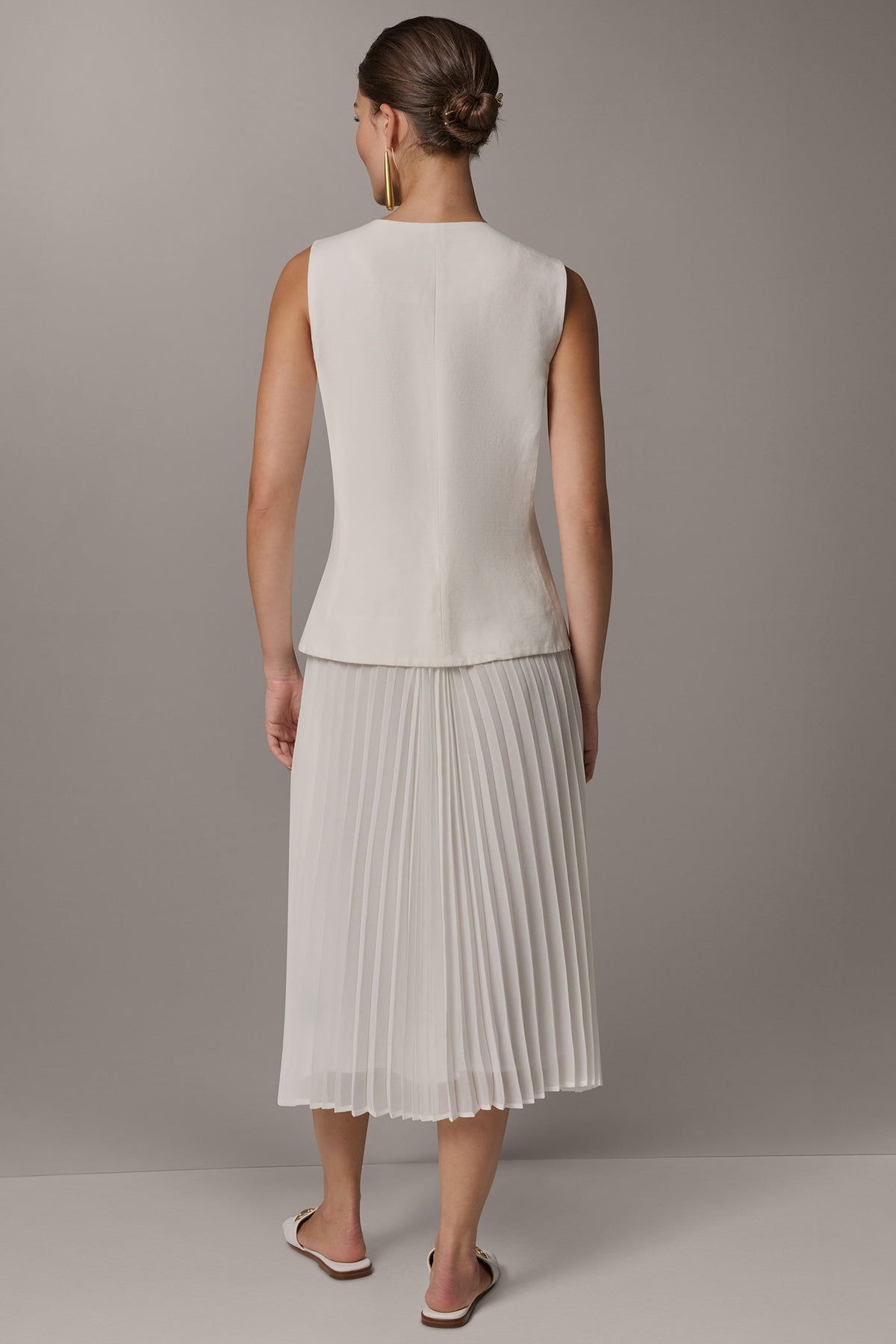 LINEN-BLEND MIXED MEDIA MIDI FIT AND FLARE DRESS