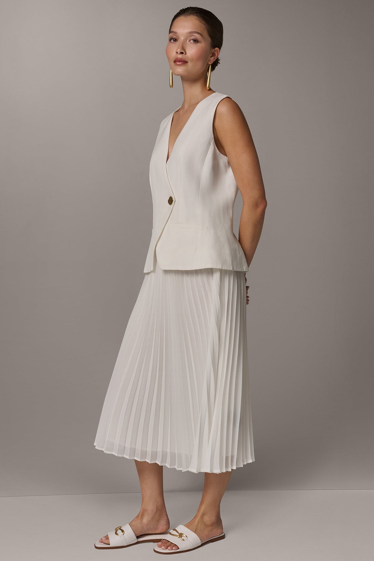 LINEN-BLEND MIXED MEDIA MIDI FIT AND FLARE DRESS