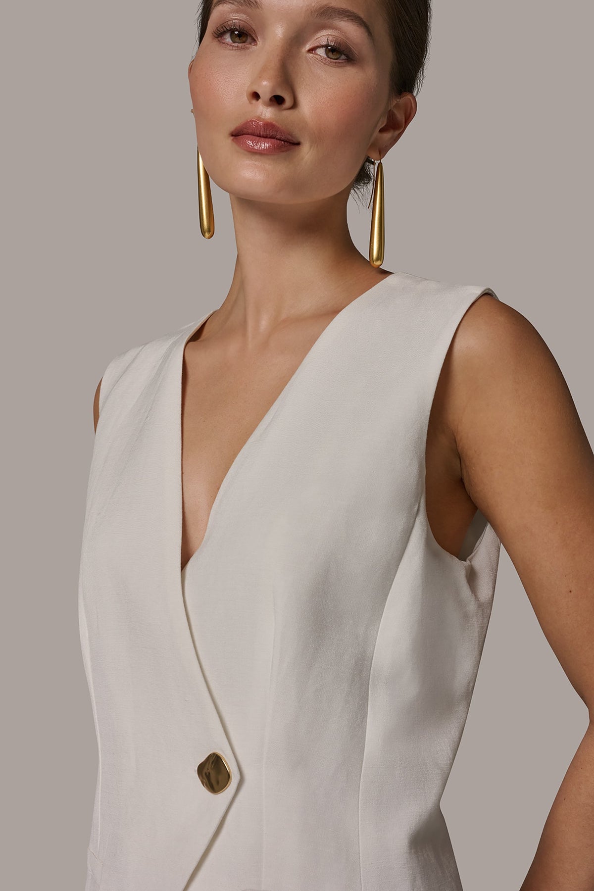 LINEN-BLEND MIXED MEDIA MIDI FIT AND FLARE DRESS