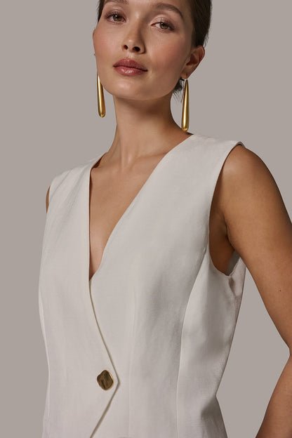 LINEN-BLEND MIXED MEDIA MIDI FIT AND FLARE DRESS