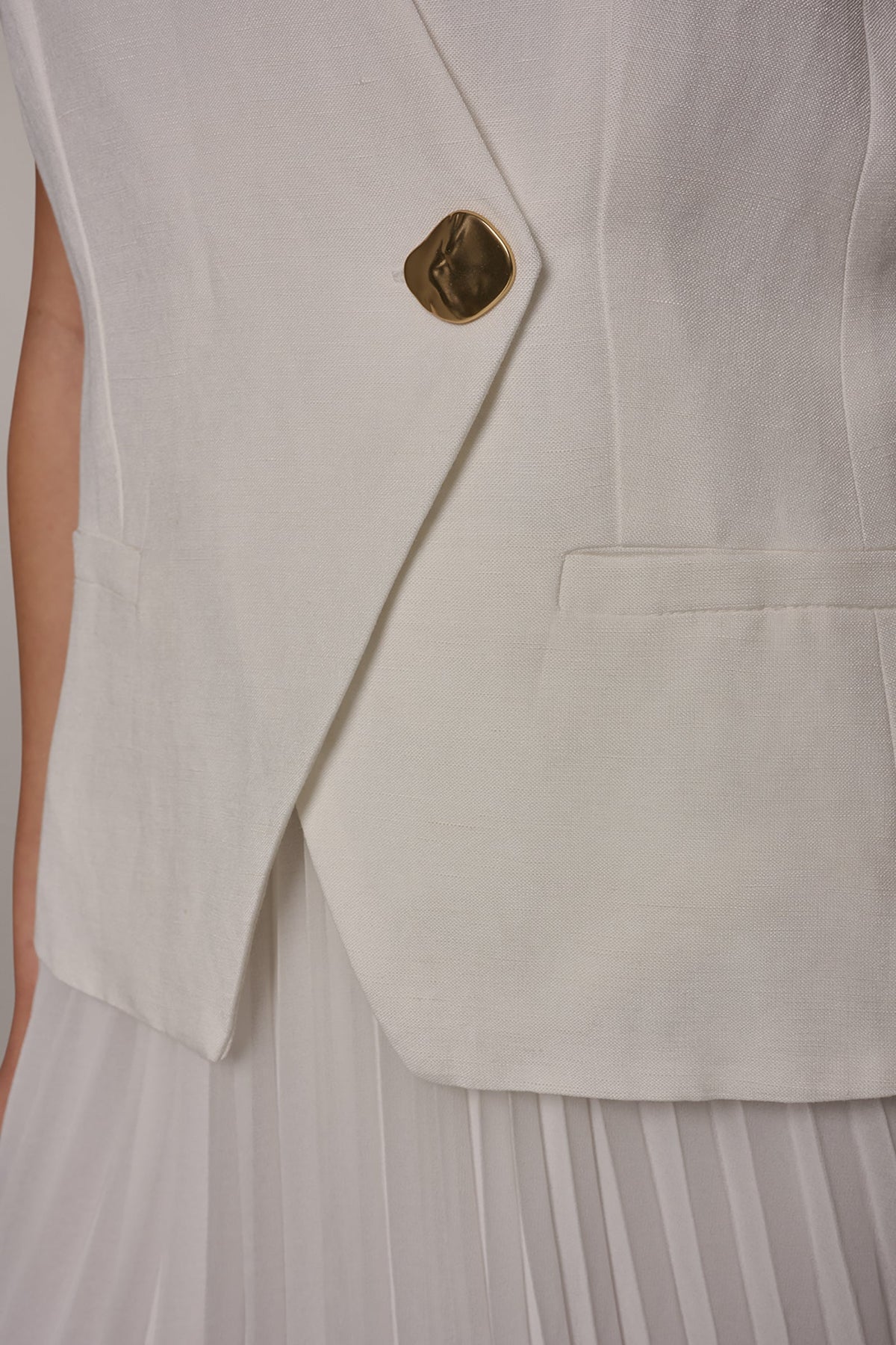 LINEN-BLEND MIXED MEDIA MIDI FIT AND FLARE DRESS