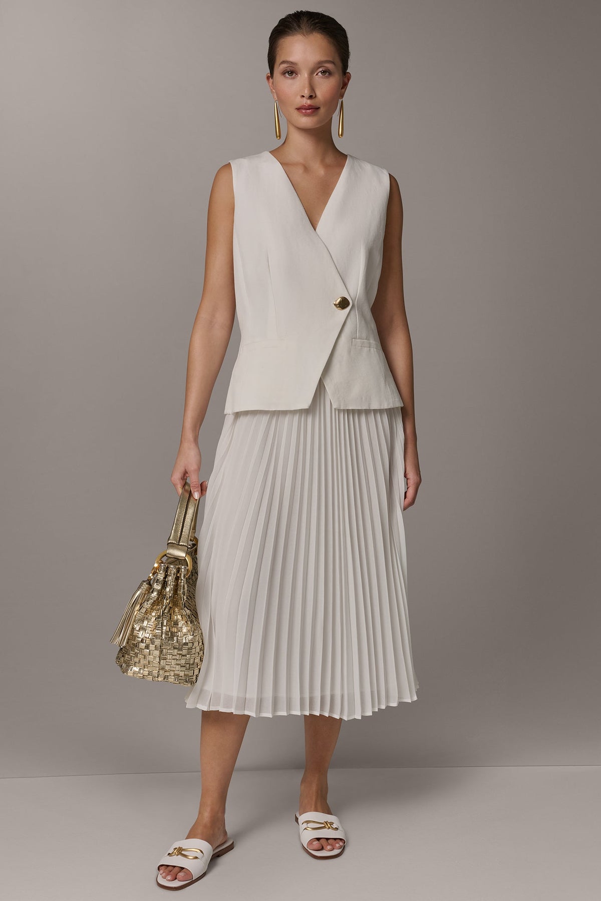 LINEN-BLEND MIXED MEDIA MIDI FIT AND FLARE DRESS