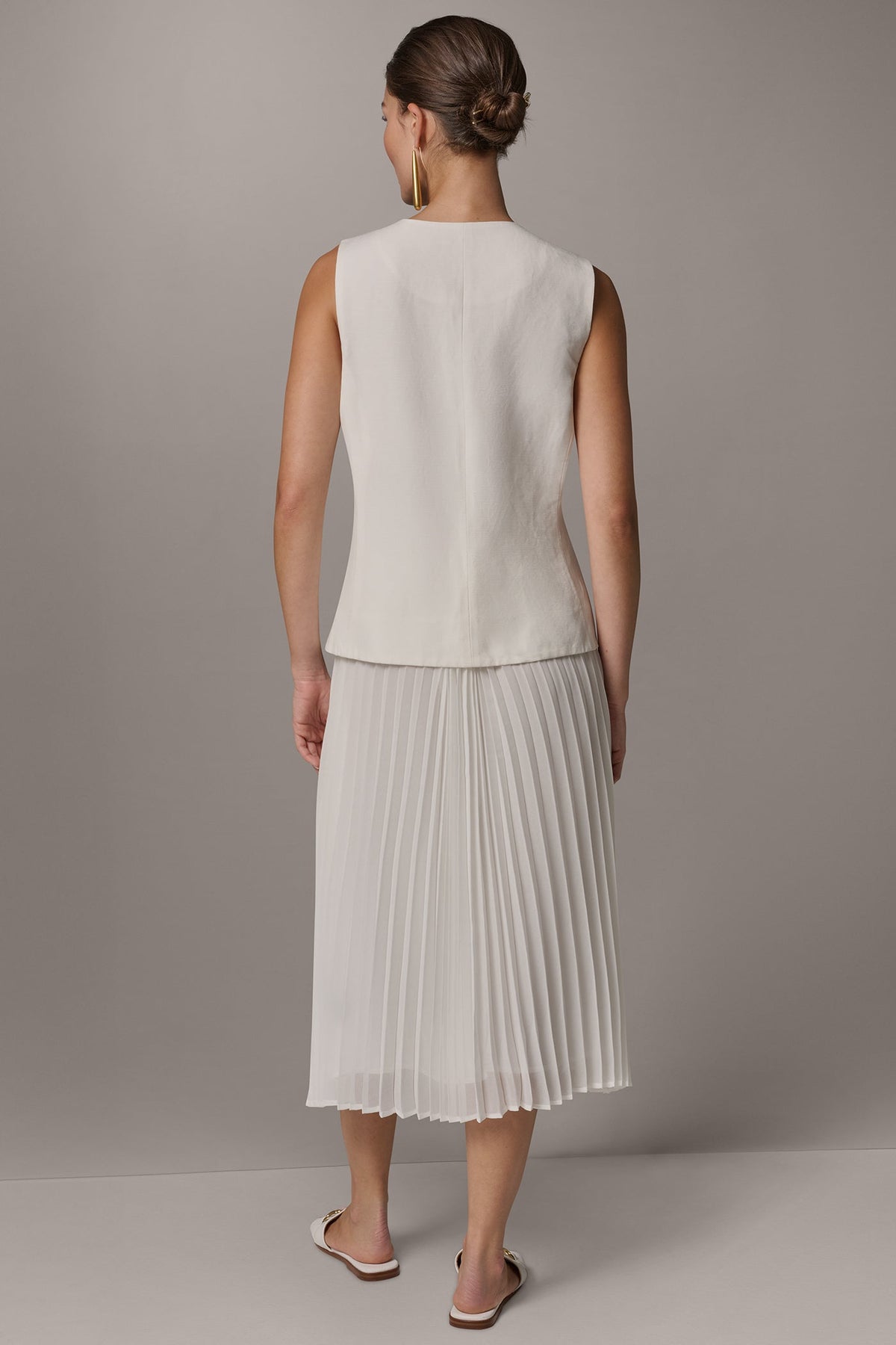 LINEN-BLEND MIXED MEDIA MIDI FIT AND FLARE DRESS