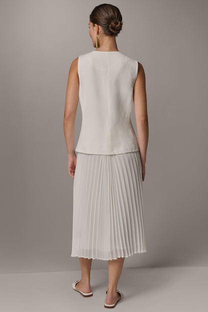 LINEN-BLEND MIXED MEDIA MIDI FIT AND FLARE DRESS