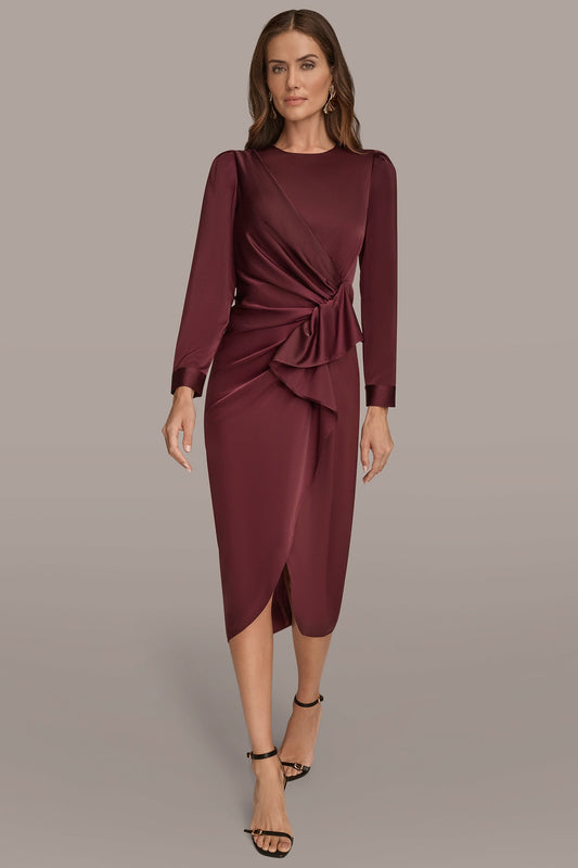 SATIN LONG SLEEVE RUFFLE MIDI DRESS