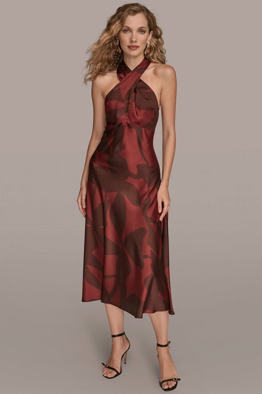 FLORAL CROSS-FRONT MIDI HALTER DRESS