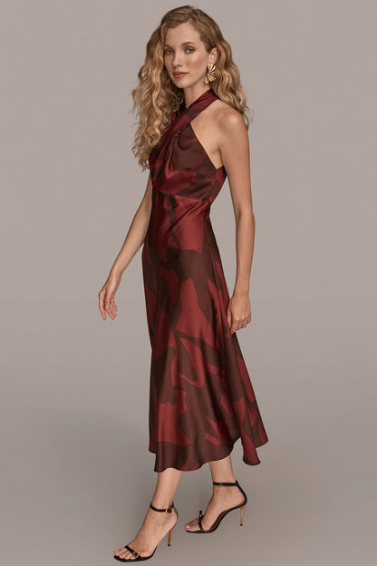FLORAL CROSS-FRONT MIDI HALTER DRESS