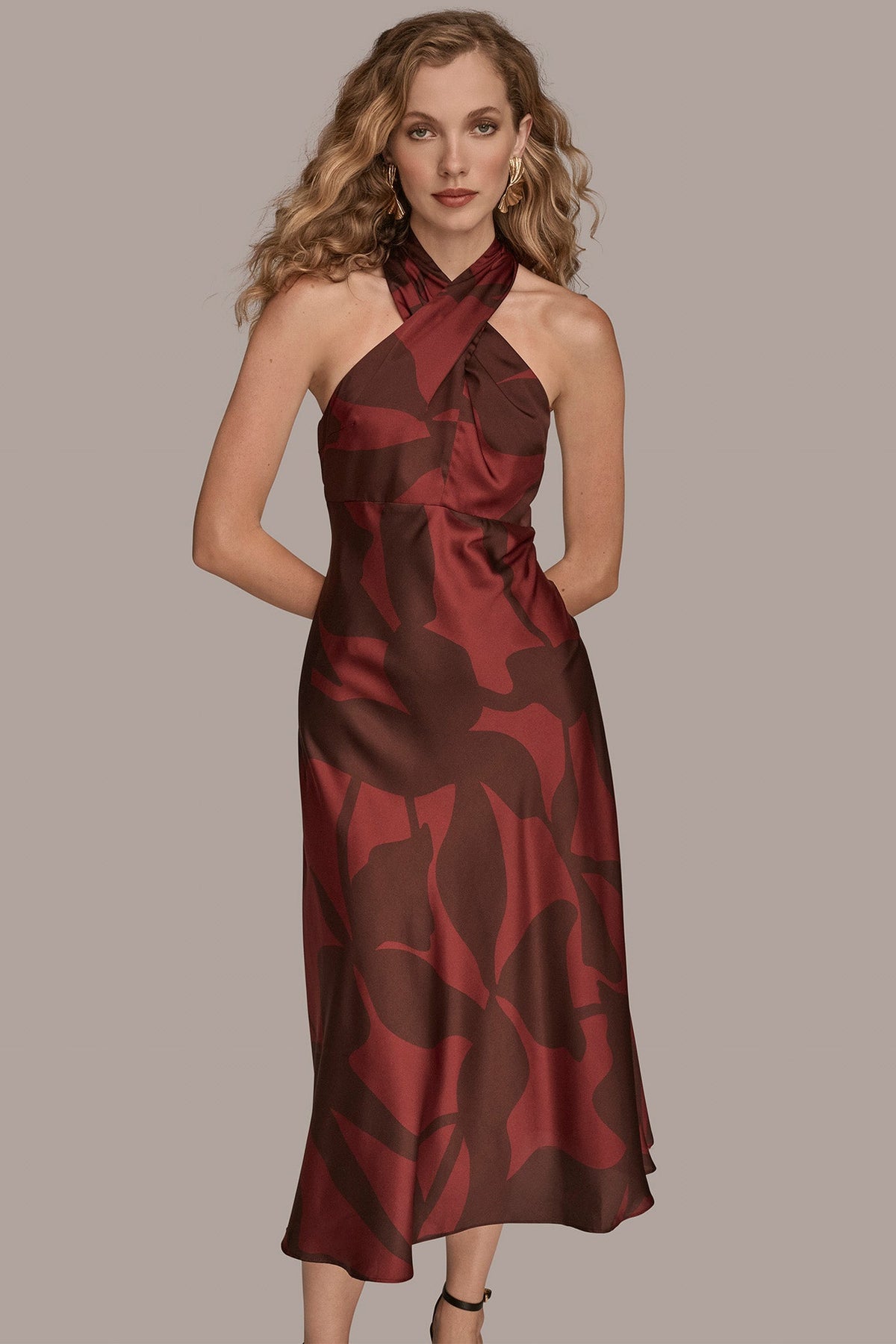 FLORAL CROSS-FRONT MIDI HALTER DRESS