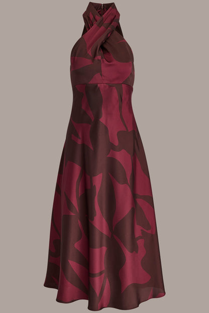 FLORAL CROSS-FRONT MIDI HALTER DRESS