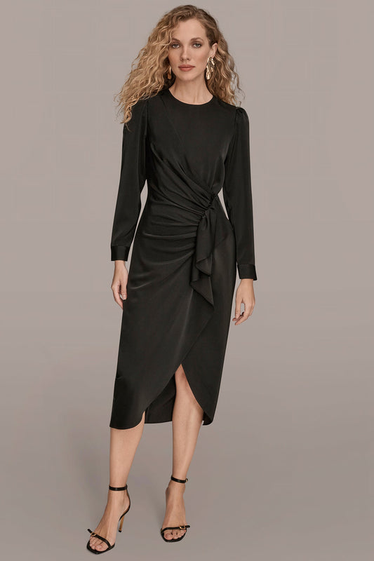 SATIN LONG SLEEVE RUFFLE MIDI DRESS