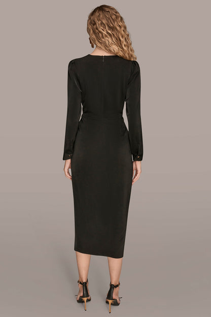 SATIN LONG SLEEVE RUFFLE MIDI DRESS