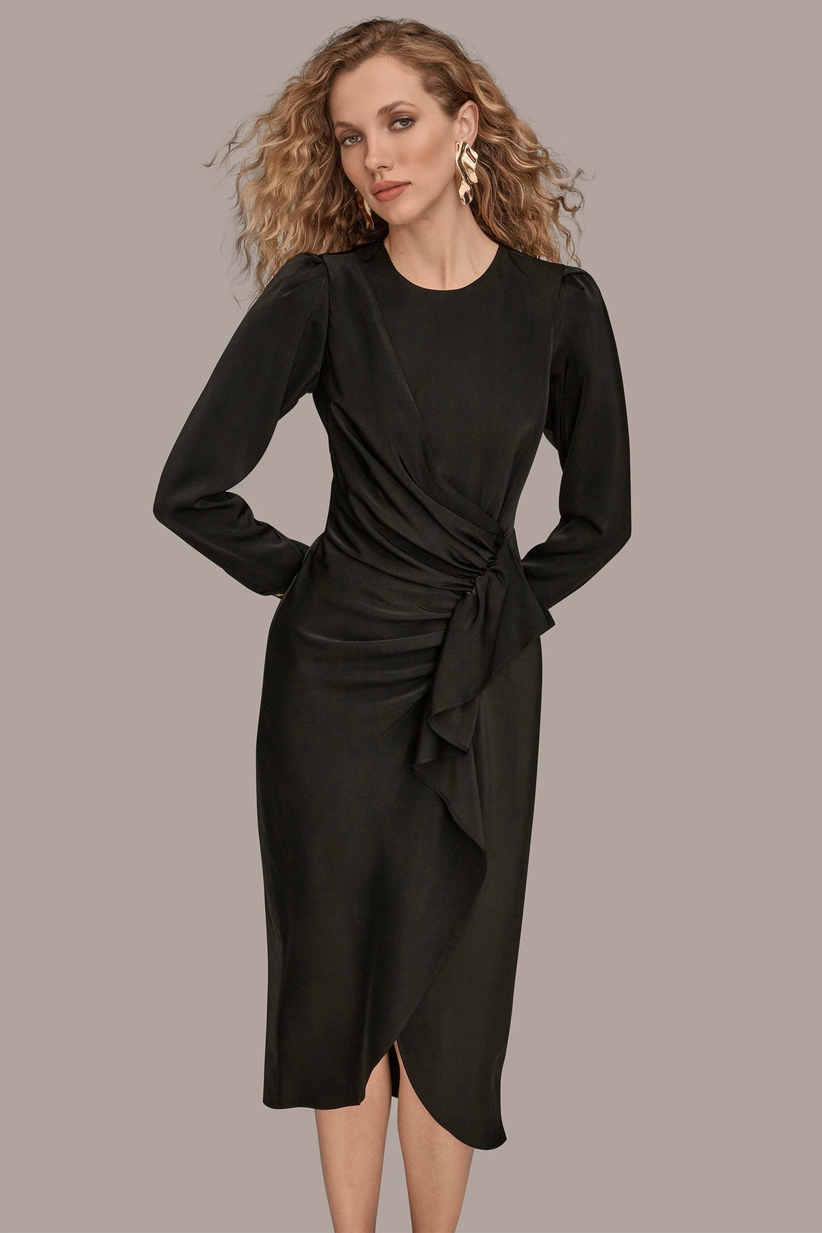 SATIN LONG SLEEVE RUFFLE MIDI DRESS