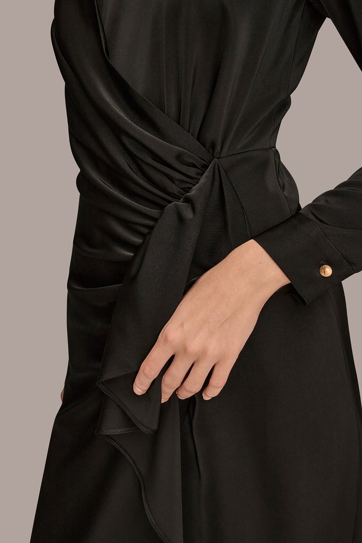 SATIN LONG SLEEVE RUFFLE MIDI DRESS