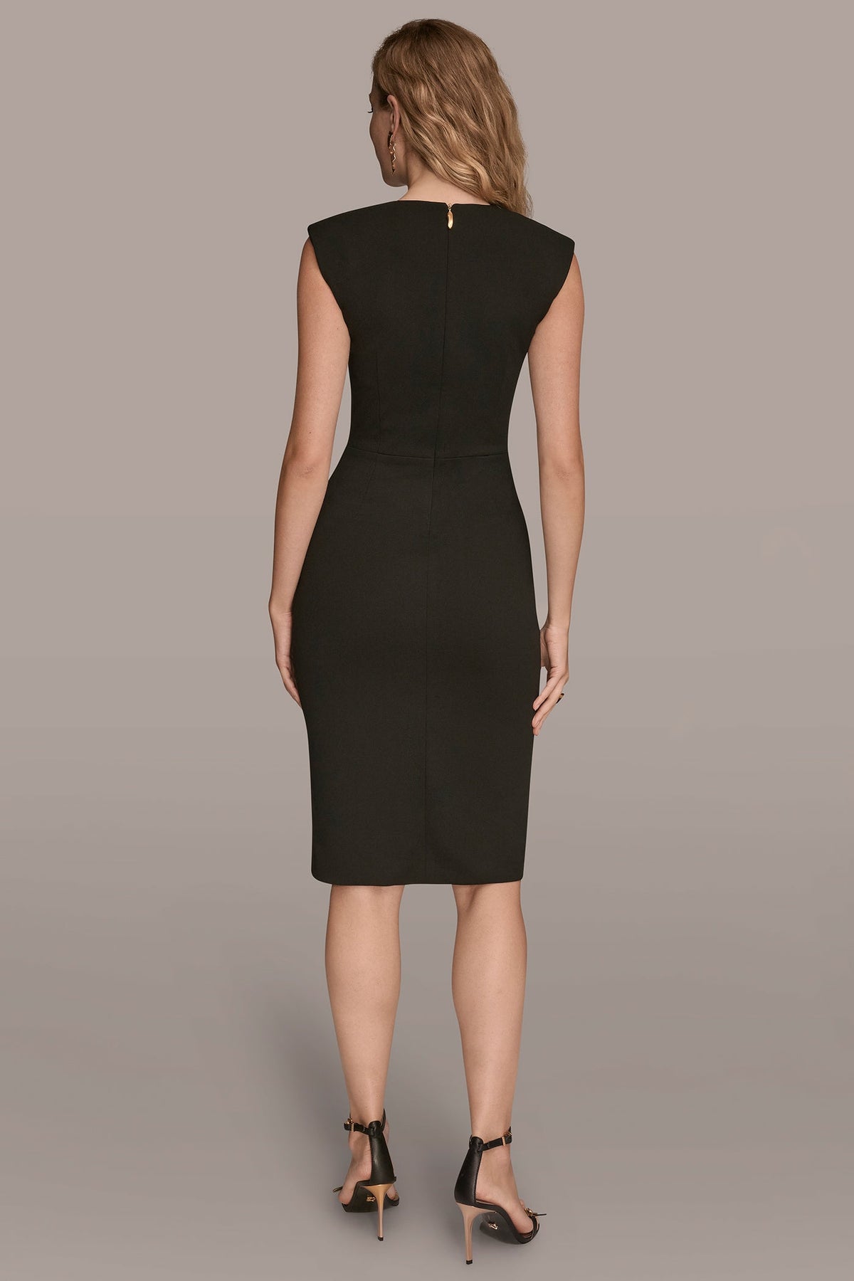 SLEEVELESS SPLIT-FRONT MIDI SHEATH DRESS