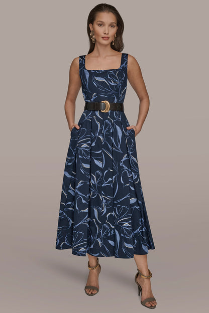 COTTON FLORAL SQUARE-NECK MIDI DRESS