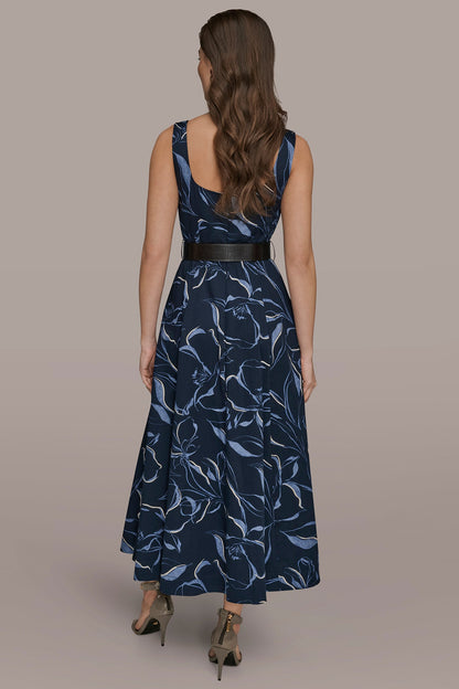 COTTON FLORAL SQUARE-NECK MIDI DRESS