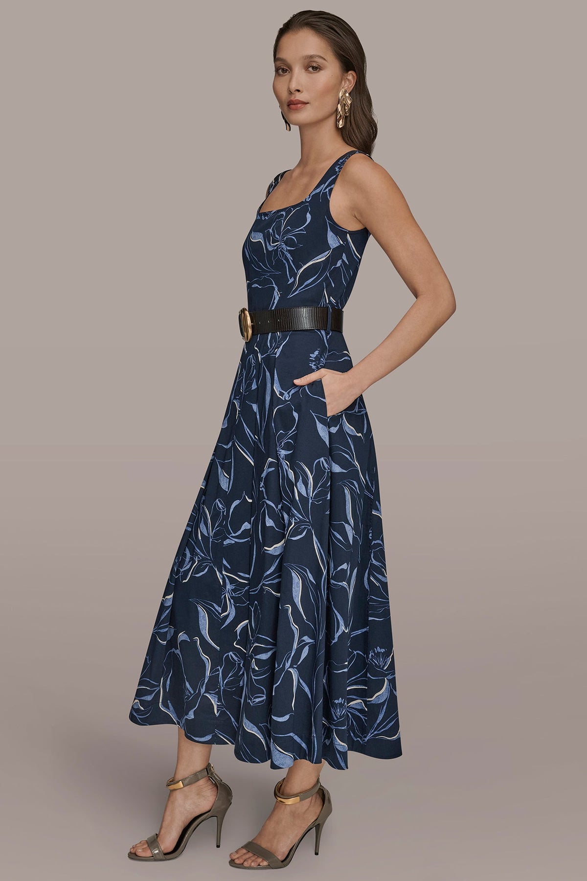 COTTON FLORAL SQUARE-NECK MIDI DRESS