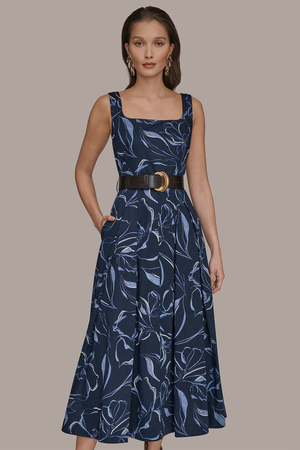 COTTON FLORAL SQUARE-NECK MIDI DRESS