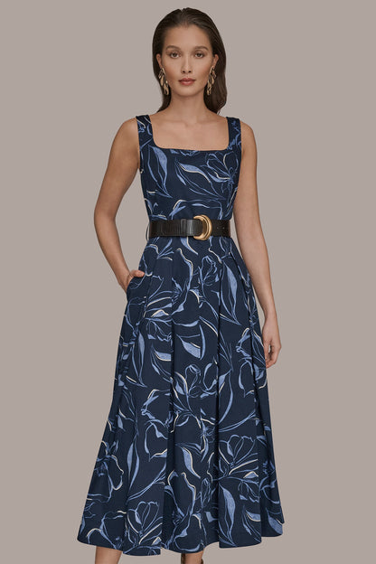 COTTON FLORAL SQUARE-NECK MIDI DRESS