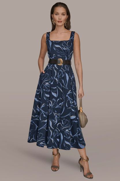 COTTON FLORAL SQUARE-NECK MIDI DRESS
