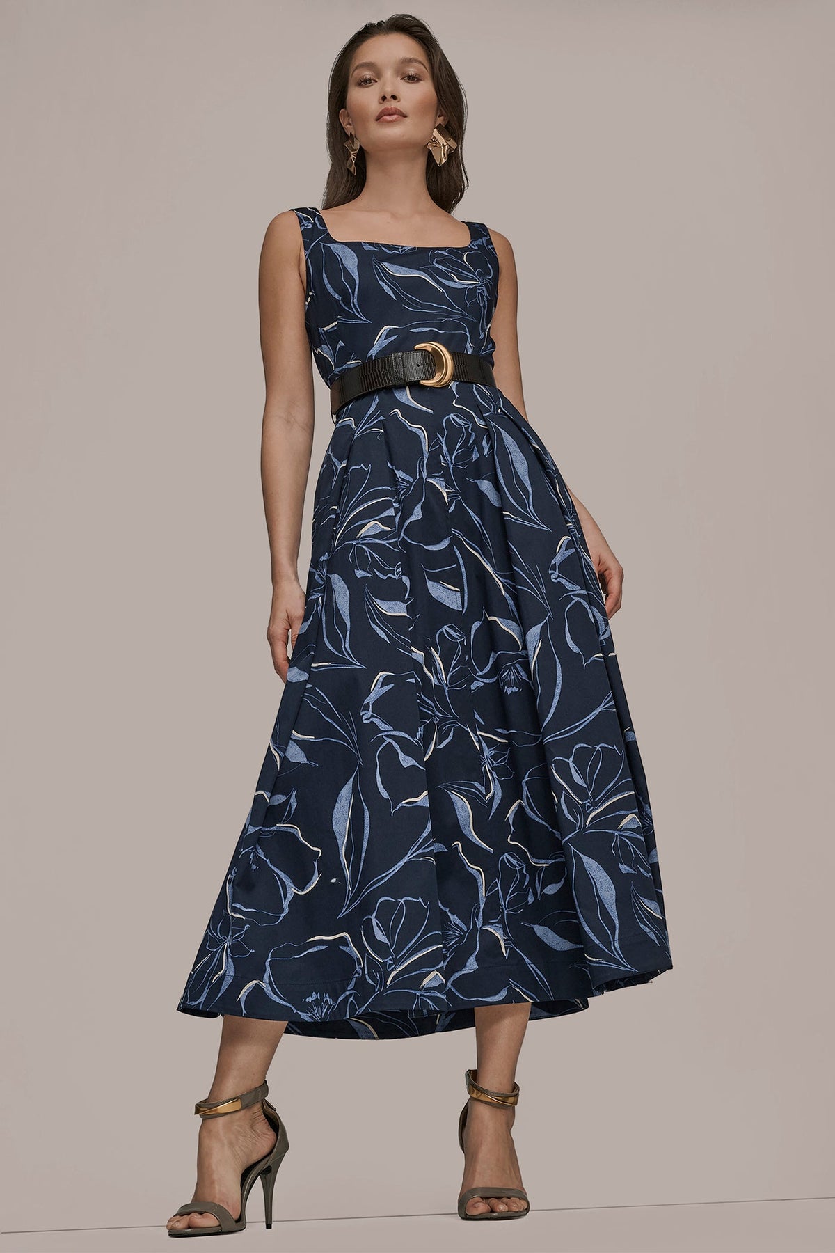COTTON FLORAL SQUARE-NECK MIDI DRESS