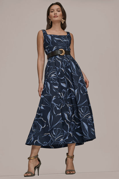 COTTON FLORAL SQUARE-NECK MIDI DRESS