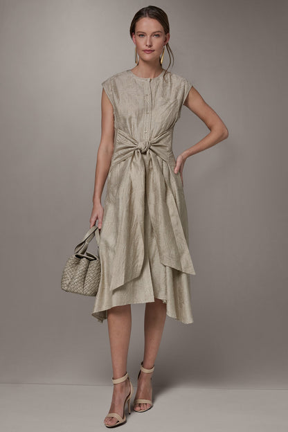 EMBROIDERED TIE-FRONT MIDI DRESS