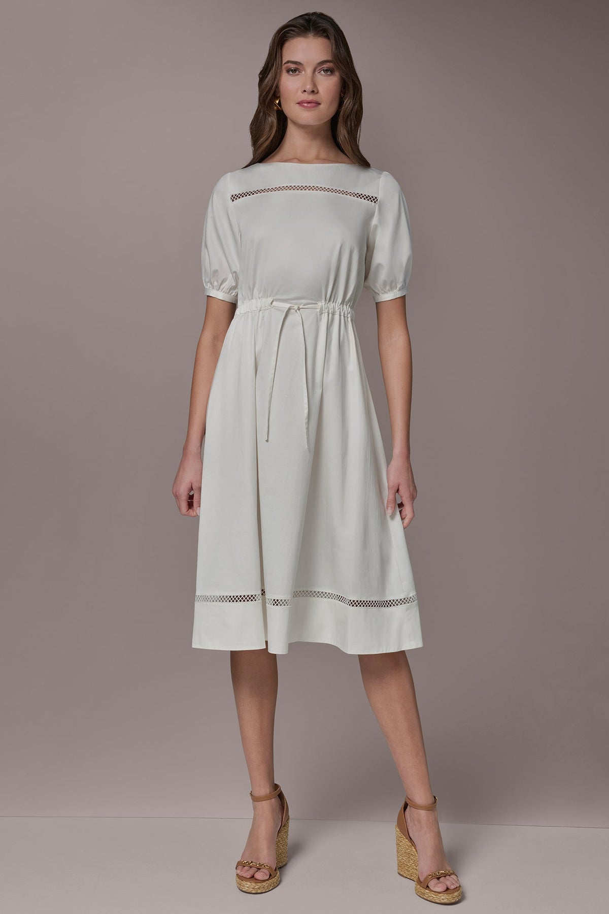 COTTON-SATEEN LATTICE MIDI A-LINE DRESS