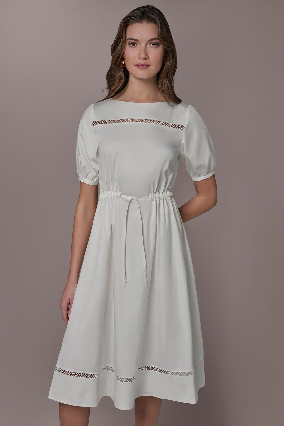 COTTON-SATEEN LATTICE MIDI A-LINE DRESS