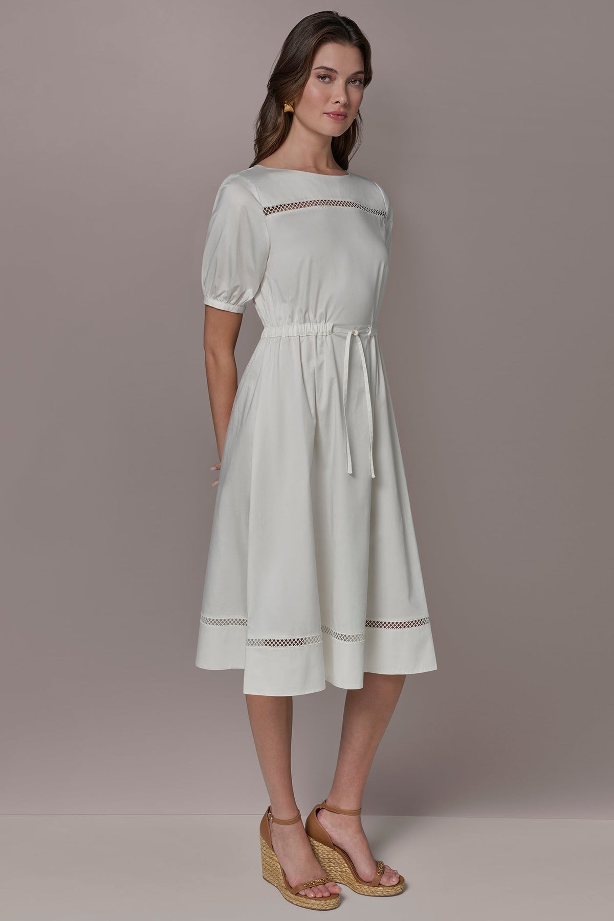 COTTON-SATEEN LATTICE MIDI A-LINE DRESS