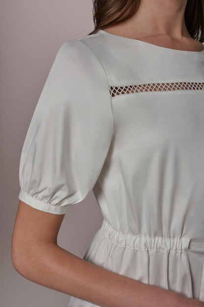 COTTON-SATEEN LATTICE MIDI A-LINE DRESS