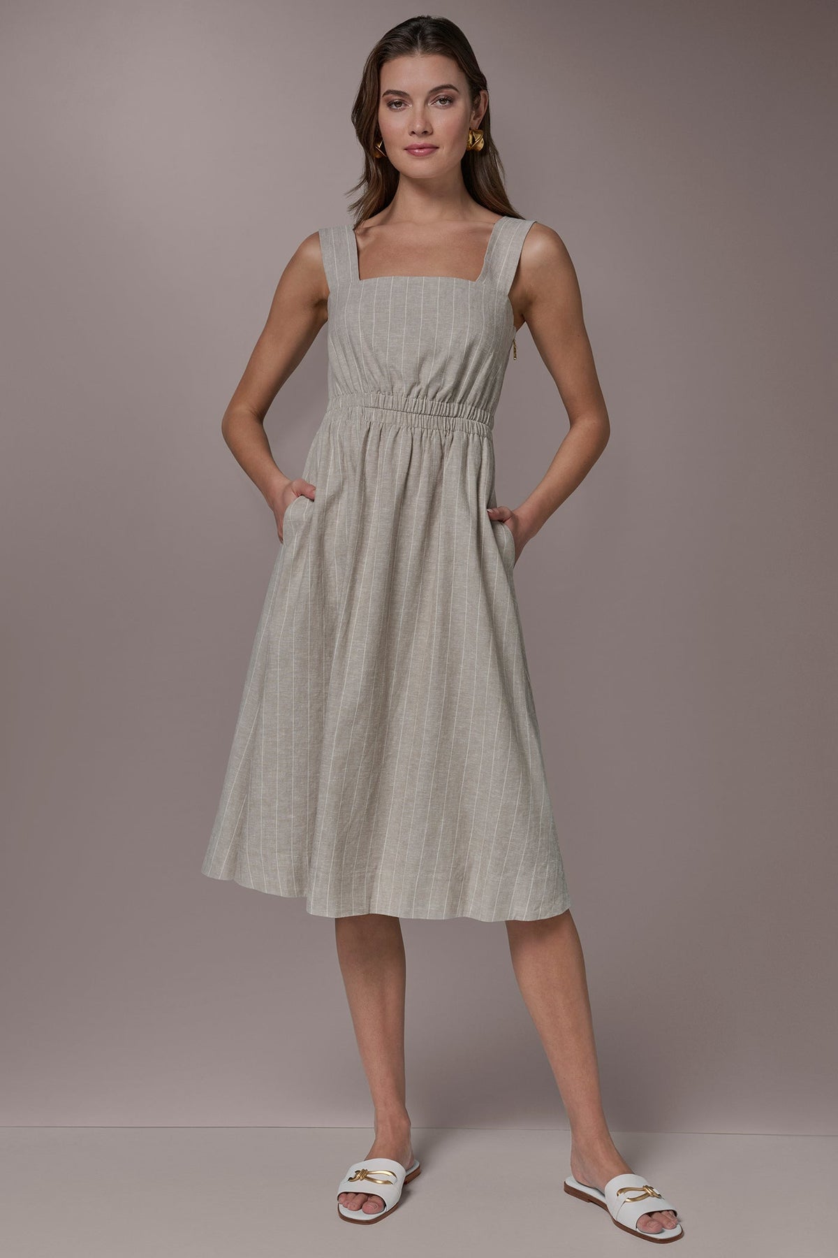 LINEN-BLEND PINSTRIPE CUTOUT MIDI DRESS