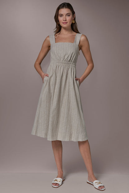 LINEN-BLEND PINSTRIPE CUTOUT MIDI DRESS