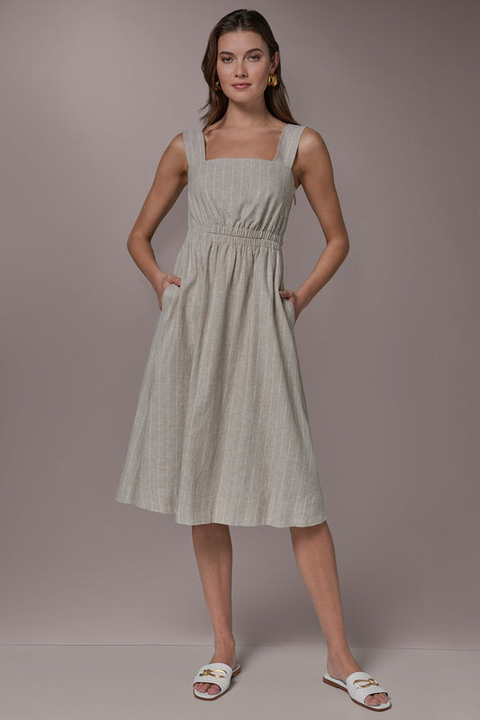 LINEN-BLEND PINSTRIPE CUTOUT MIDI DRESS